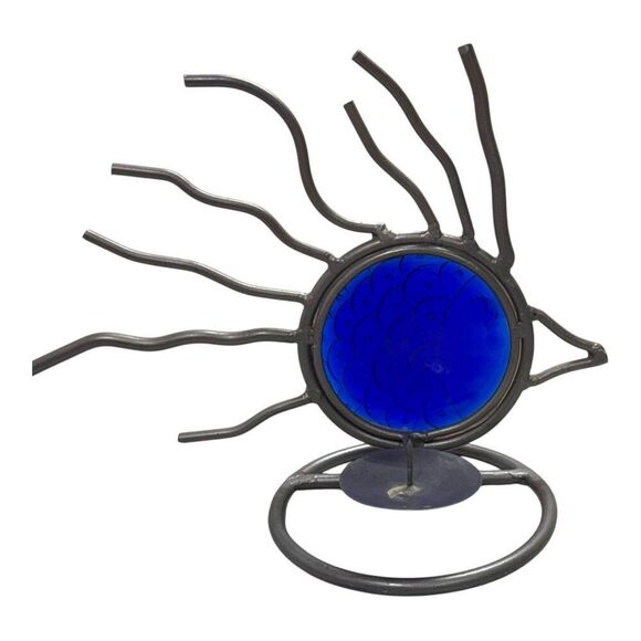 Vintage Blue Cobalt Glass Wrought Iron Fish Candle Holder Metal Art MCM Retro - Picture 3 of 5